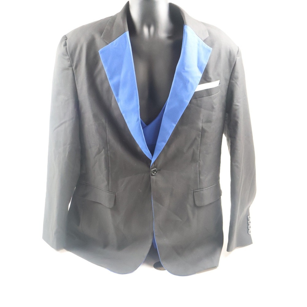 Pattern 3 Piece Suit Blazer Vest Pants Black Blue Solid XL 42 NEW